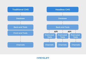 This image illustrates the difference between traditional and headless eCommerce platforms regarding CMS.