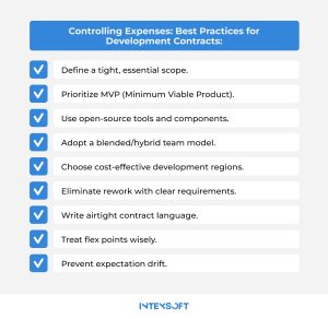 This image outlines 9 key strategies for controlling costs in app development.